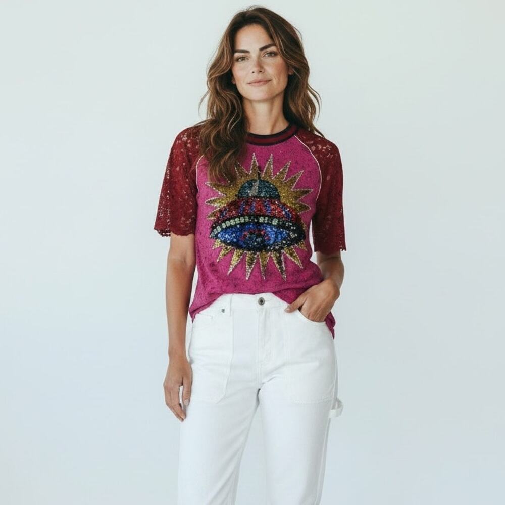 Gucci UFO Lace Sequin‎ Embellished Pink T Shirt Top XS
